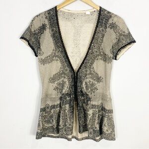 ANTHROPOLOGIE Guinevere Peplum Lace Print Short Sleeve Sweater Cardigan